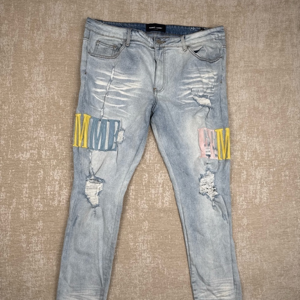 Homme Femme Blue Denim Distressed Logo Spellout Jeans Men's Size 40